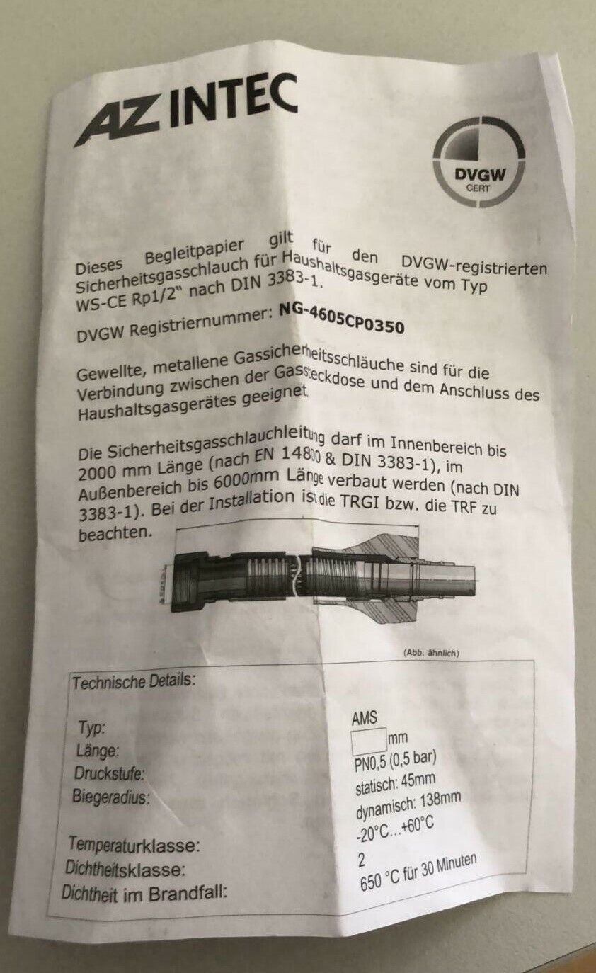 Erdgasschlauch 125 cm Gasschlauch NG-4605CP0350 Gaskochfeld 400031 G NEU & OVP