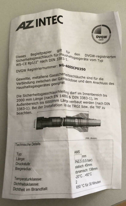  Erdgasschlauch 125 cm Gasschlauch NG-4605CP0350 Gaskochfeld 400031 G NEU & OVP